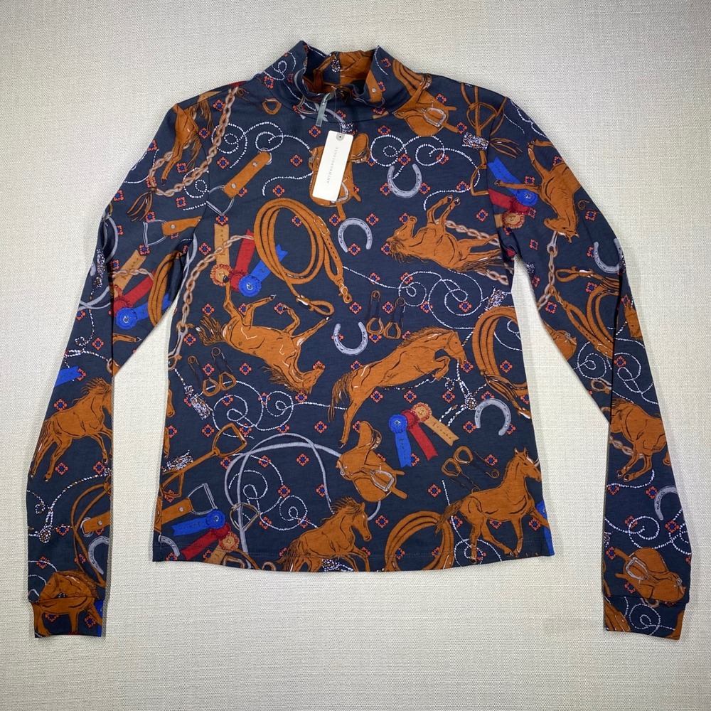 Anthropologie Womens Mock Neck Equestrian Long Sleeve Top Navy Size Small NWT